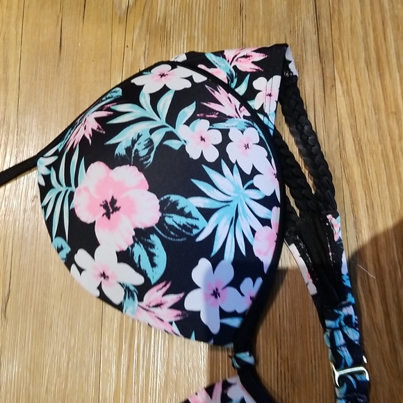 Tie Neck and slide clasp back push up blue white pink floral swim top EUC szXL - Picture 2 of 5